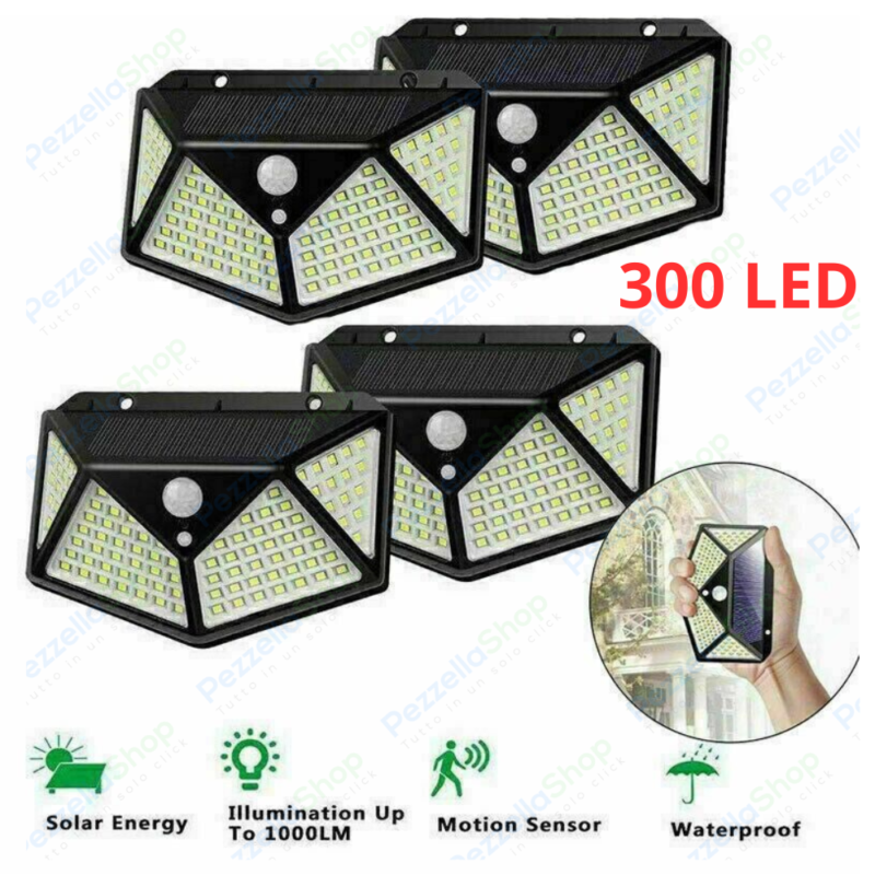 4 pz Lampade Solari 300 Led Con Sensore Movimento Illumina 270°