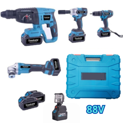 Kit 5 in 1 Doppia Batteria 88V con Trapano, Avvitatore ad Impulsi, Smeragliatrice Angolare, Martello Tassellatore, Torcia con Valigetta