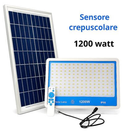 Faro Solare 1200w Slim Crepuscolare IP66 Impermeabile Telecomando, Per Esterno, Giardino, Kit Completo