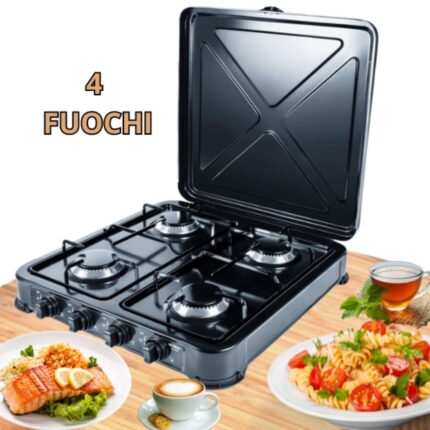 Fornello a Gas 4 Fuochi Portatile con Coperchio | Per Campeggio, Esterni e Giardino