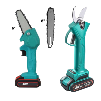 Kit 2 in 1 Forbice Cesoia taglio 4cm + Motosega Doppia Lama 6" + 8", Doppia Batteria 48V con Valigetta