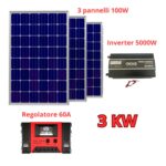Kit Fotovoltaico 3 Pannelli 100W, Inverter 5000W, Regolatore 60A, 3 Kw Giornalieri per Impianti