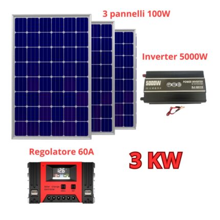 Kit Fotovoltaico 3 Pannelli 100W, Inverter 5000W, Regolatore 60A, 3 Kw Giornalieri per Impianti
