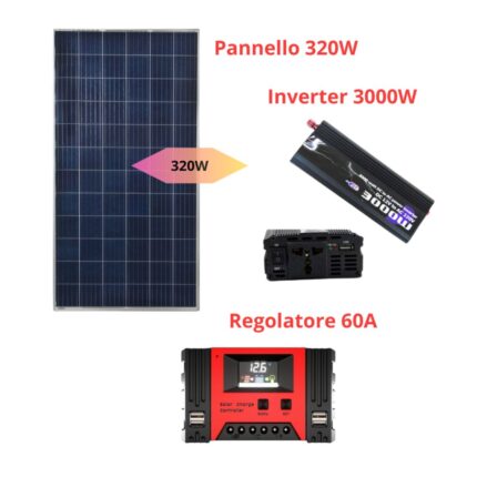 Kit Fotovoltaico Pannello 320W, Inverter 3000W, Regolatore 60A, per Impianti, Ville, Baite