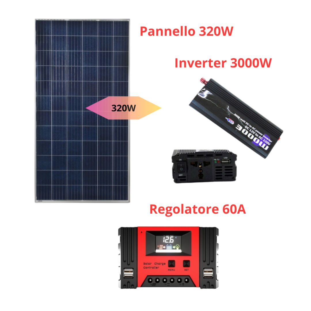 Kit Fotovoltaico Pannello 320W, Inverter 3000W, Regolatore 60A, per Impianti, Ville, Baite Kit Fotovoltaico Pannello 320W, Inverter 3000W, Regolatore 60A, per Impianti, Ville, Baite