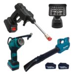 Kit 4 Pz Compressore, Idropulitrice, Soffiatore, Torcia Emergenza a Doppia Batteria 48V