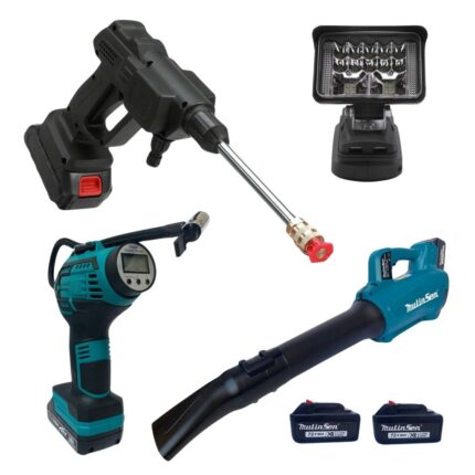 Kit 4 Pz Compressore, Idropulitrice, Soffiatore, Torcia Emergenza a Doppia Batteria 48V