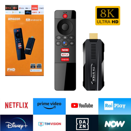 TV Stick Android 8K con 8GB RAM, 128GB ROM, HDMI e telecomando vocale. Streaming fluido e controllo smart. Ordina ora su Pezzellashop.