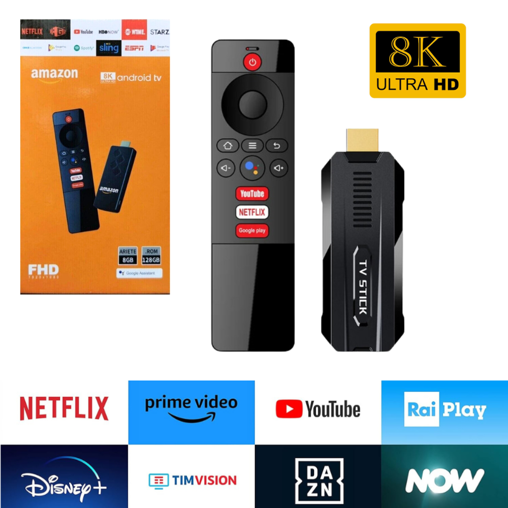 1 TV Stick Android 8K con 8GB RAM, 128GB ROM, HDMI e telecomando vocale. Streaming fluido e controllo smart. Ordina ora su Pezzellashop.