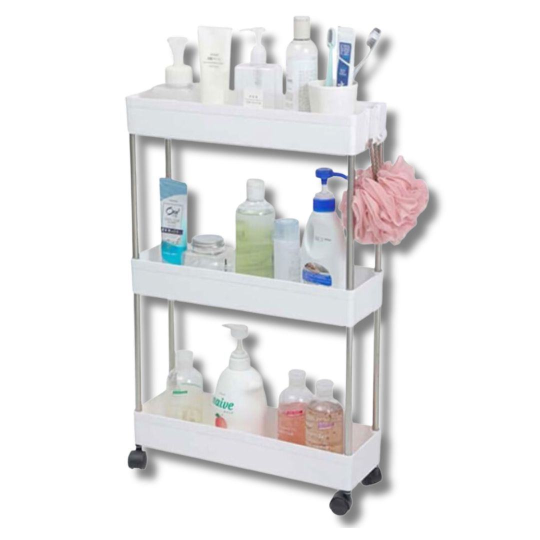 Carrello Portaoggetti 3 Ripiani con Ruote Salvaspazio, Mensole Stretto per Bagno, Cucina, Ufficio Carrello Portaoggetti 3 Ripiani con Ruote Salvaspazio, Mensole Stretto per Bagno, Cucina, Ufficio