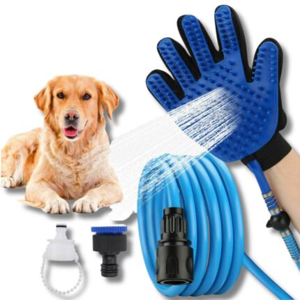Guanto Massaggiante con Filo Doccia 2 in 1, Tubo Integrato, Aggancio Universale per Animali Domestici