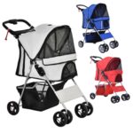Passeggino Pieghevole per Animali con Portaoggetti e Portabottiglie 4 Ruote Cerniere Tessuto Impermeabile