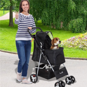 Passeggino Pieghevole per Animali con Portaoggetti e Portabottiglie 4 Ruote Cerniere Tessuto Impermeabile
