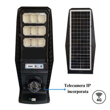 Lampione Stradale 800W a Ricarica Solare con Telecamera Incorporata 4G con Pannello Crepuscolare Integrato + Staffa a Muro