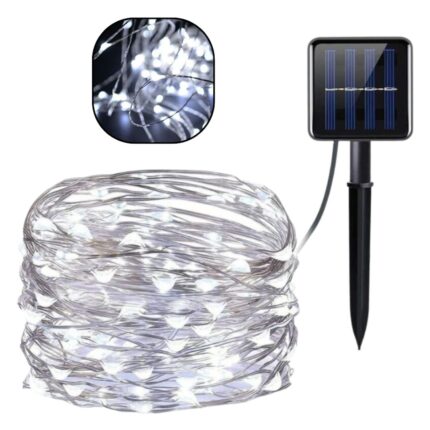 Catena Luminosa 100 LED 10m con Pannello Solare, Stringa in Filo di Rame Luce Bianca Fredda per Esterno IP65