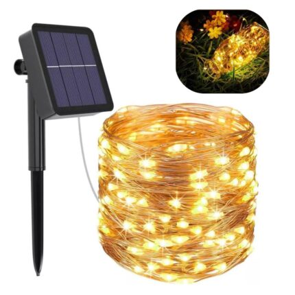Catena Luminosa 100 LED 10m con Pannello Solare, Stringa in Filo di Rame Luce Calda Gialla per Esterno IP65