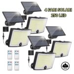 Kit 4 Fari Solari 250w con Pannello, Sensore Crepuscolare e di Movimento IP65 Impermeabile per Esterni