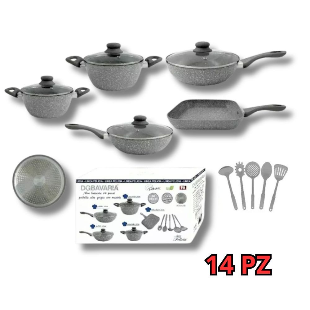 Batteria Pentole e Padelle 14 Pezzi Antiaderente con Pietra Induzione e Gas DGBavaria Batteria Pentole e Padelle 14 Pezzi Antiaderente con Pietra Induzione e Gas DGBavaria